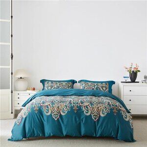 Teal Paisley Duvet Cover Queen 100% Egyptian Cotton 3 Pcs Set 1